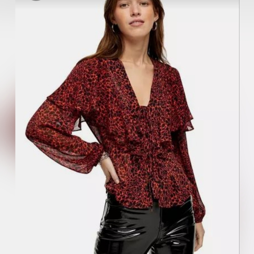 Topshop red animal print blouse size 4